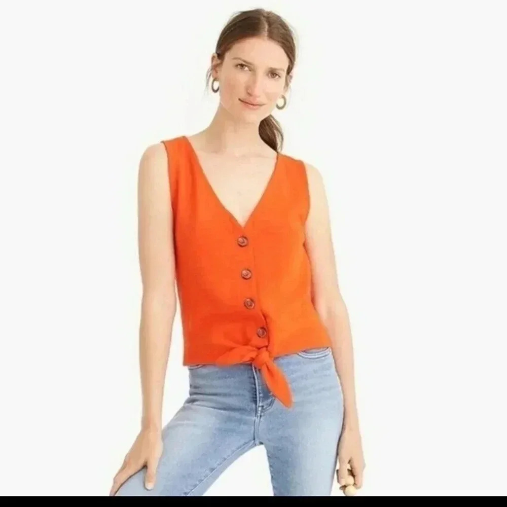 J.Crew Button Up V-Neck Tie Front Sleeveless Ribbed Texture Tank Top(S)